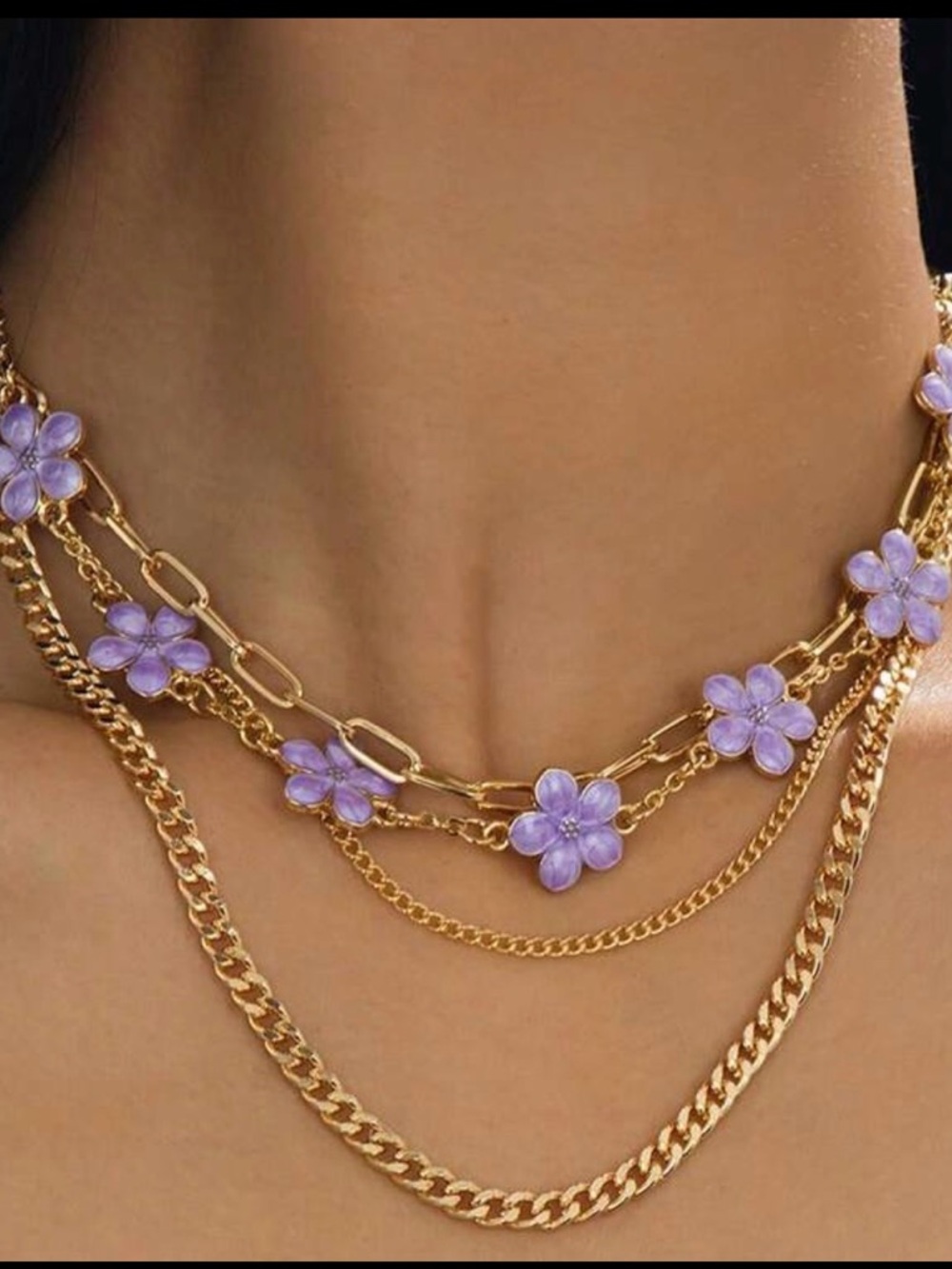 Gold Layered Necklace with Lavender Flower Charms - Women Jewelry
